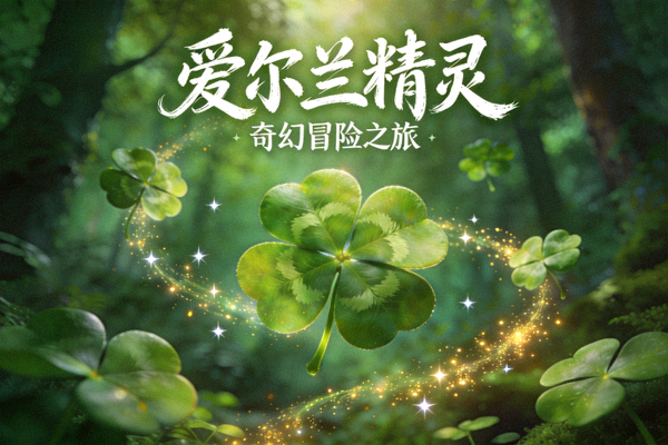 爱尔兰精灵游戏封面图，翠绿森林中悬浮的四叶草与微光粒子