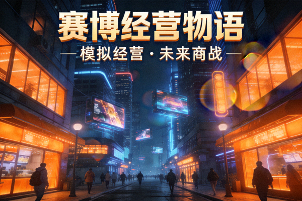 模拟经营玩法封面图，夜色中的赛博商业街与暖橙色橱窗灯光
