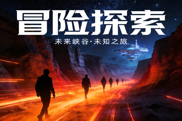 冒险探索玩法封面图，未来峡谷中的橙色光轨与远行剪影