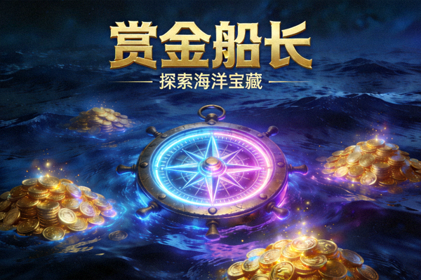 赏金船长游戏封面图，深蓝海面上的霓虹航海罗盘与发光金币堆