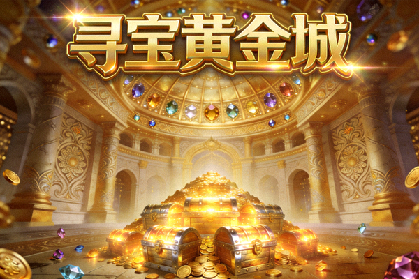 寻宝黄金城游戏封面图，金色宫殿与发光宝箱堆叠的宝藏大厅