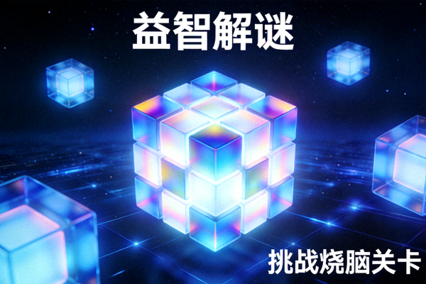益智解谜玩法封面图，发光几何方块阵列与深蓝色虚拟空间